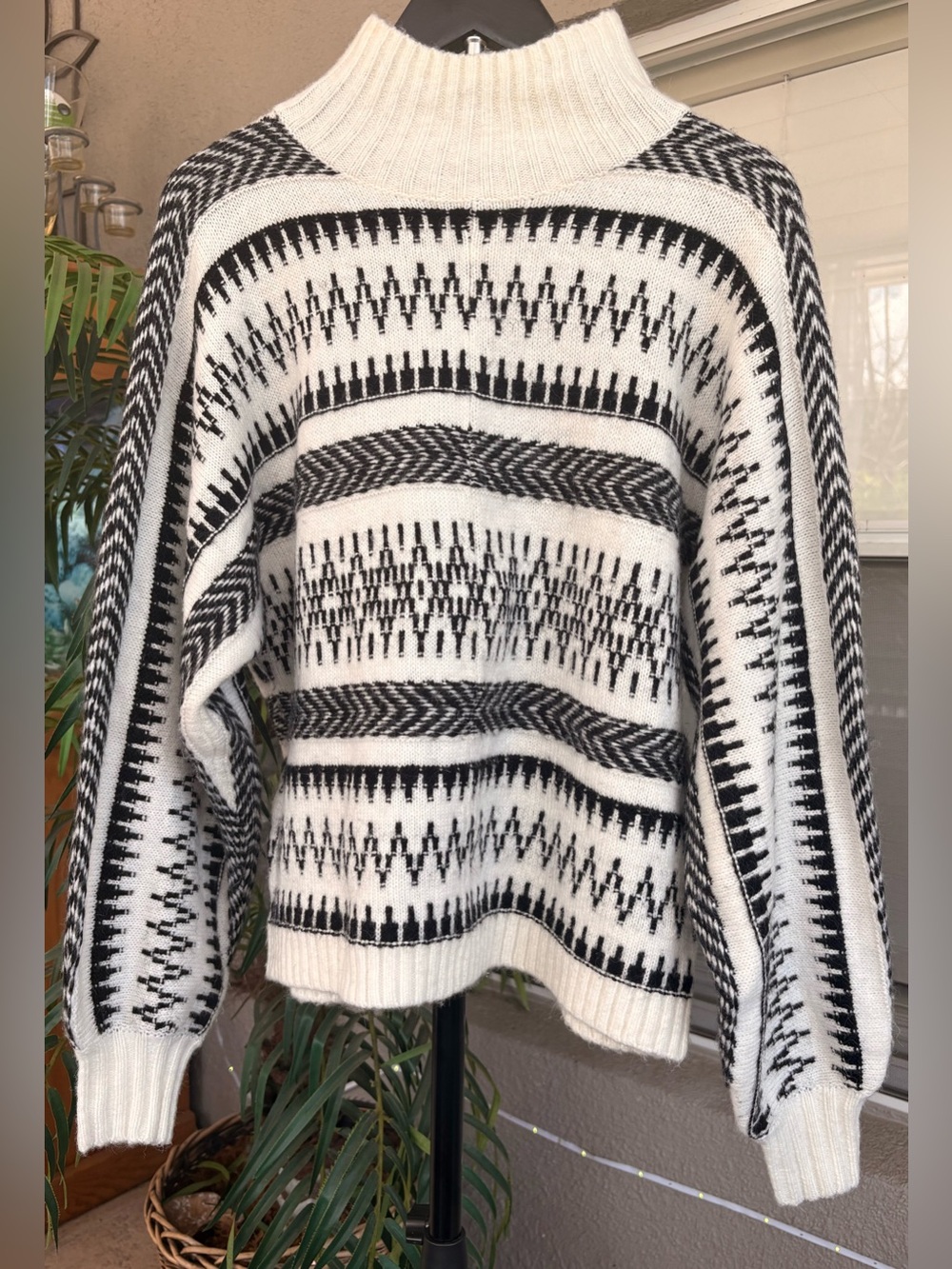 LOFT Black and White Patterned Cowl Neck Sweater